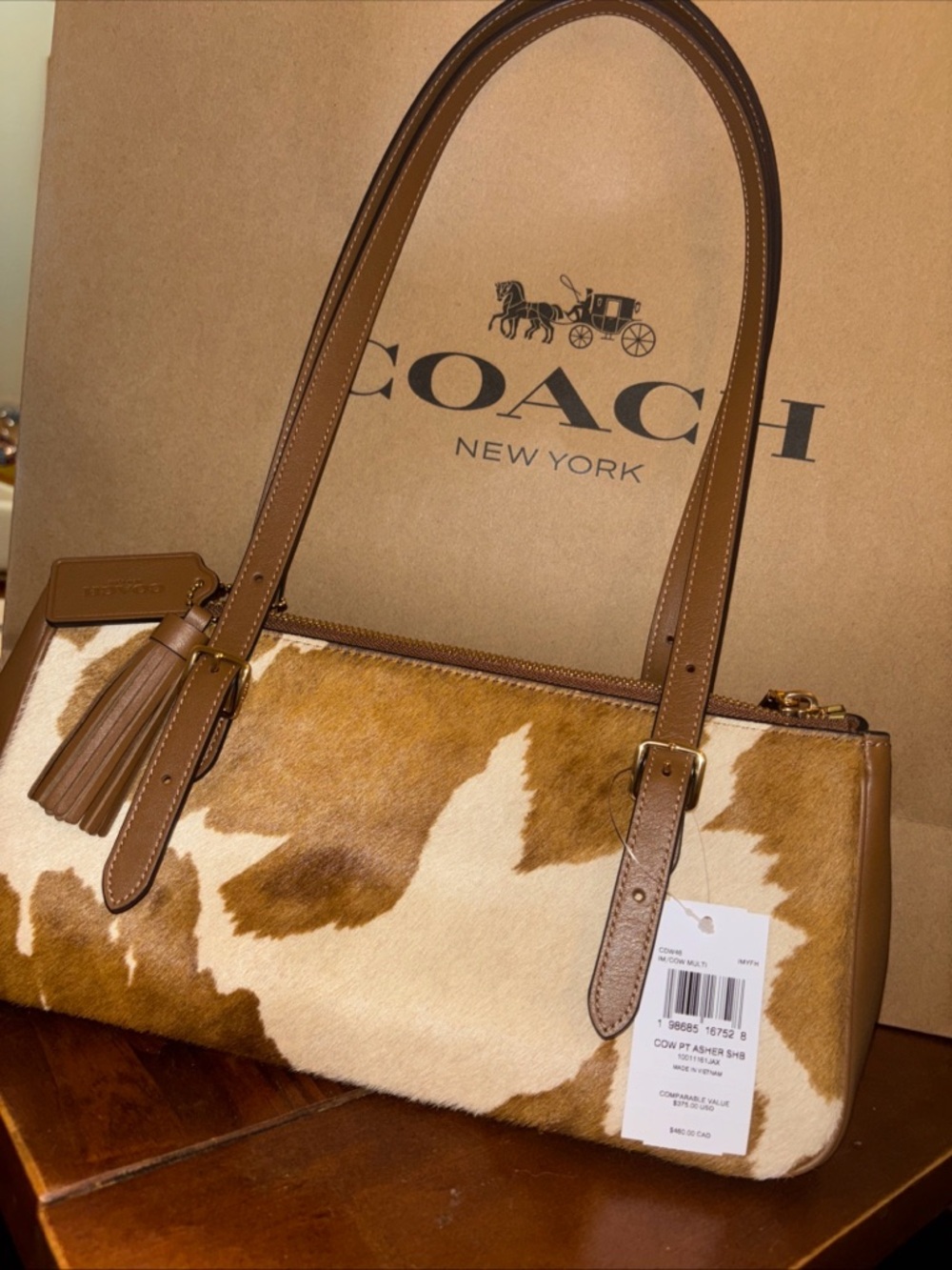 Coach Brown & Cream Cowhide Shoulder Bag with Leather Straps - Picture 2 of 4